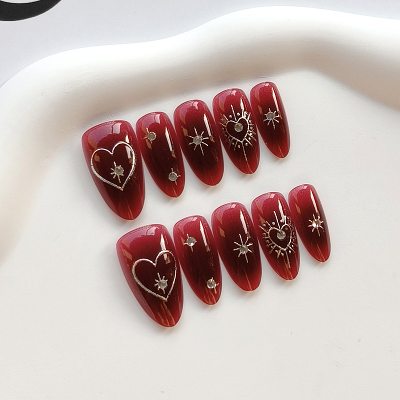 Nail Art Simple Elegant - เล็บปลอมแบบกดติด 10 ชิ้น สไตล์ฝรั่งเศส สีเบอร์กันดี ประดับเพชร