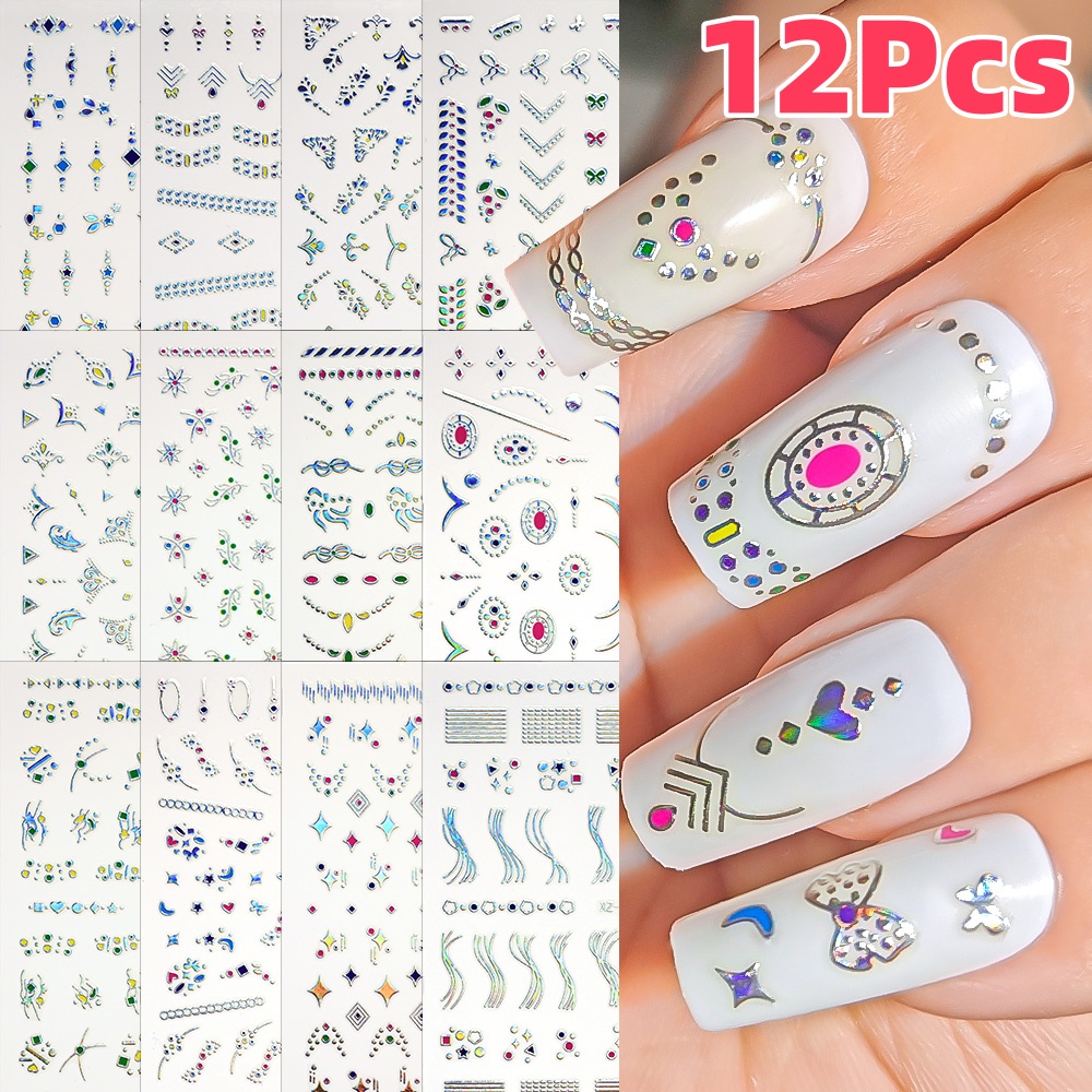 Nail Art Simple Elegant - สติกเกอร์ติดเล็บลายดอกไม้หญ้าเส้นเรขาคณิตสีเงิน 3 มิติ 12 ชิ้น สไตล์ฝรั่งเศสเรียบง่าย