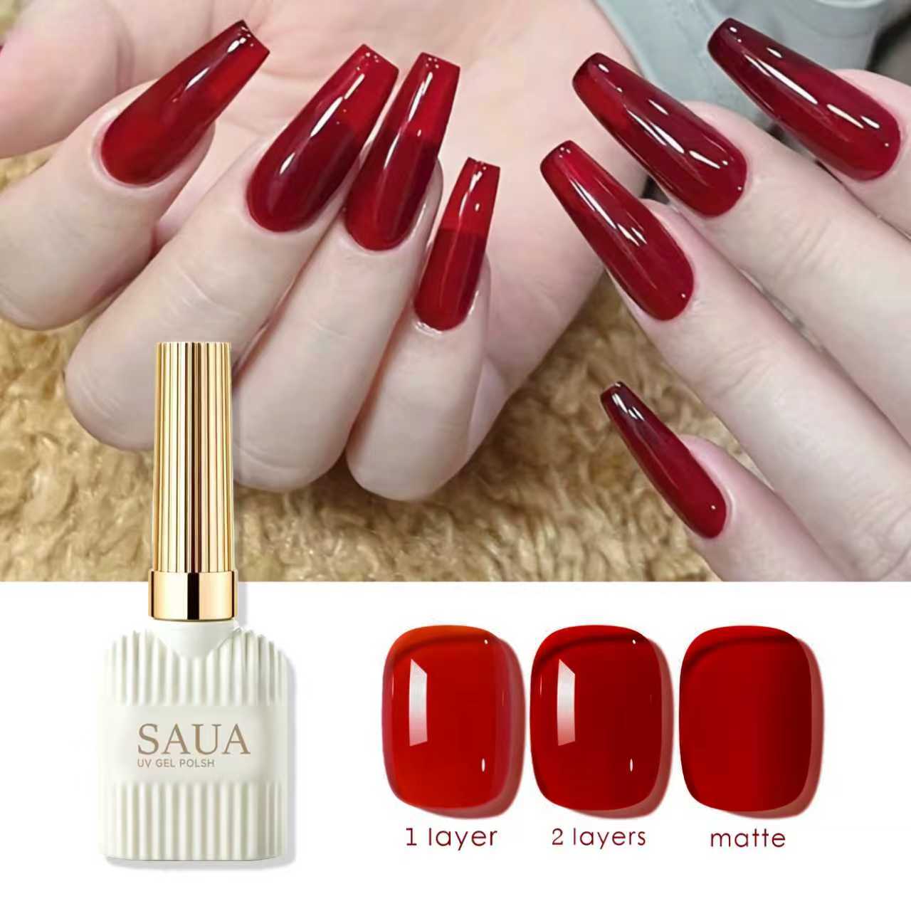 Nail Art Simple Elegant - กาวทาเล็บสีแดงโปร่งแสง 15 มล., เนื้อคริสตัลใสเงางาม, ใช้กับเครื่องอบเล็บ, งานศิลปะเล็บที่เรียบง่ายและสง่างาม