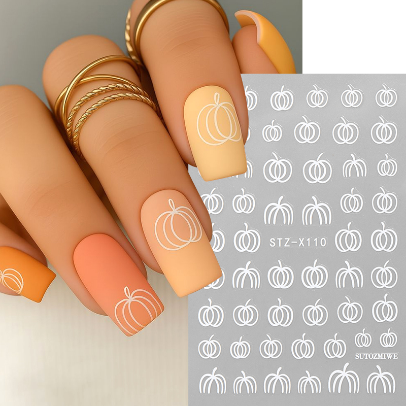 Nail Art Simple Elegant - สติ๊กเกอร์ติดเล็บลายฟักทองสีขาว 2 ชิ้น ดีไซน์เรียบง่าย สำหรับตกแต่งเล็บในช่วงฤดูใบไม้ร่วง ลายฟักทองน่ารัก