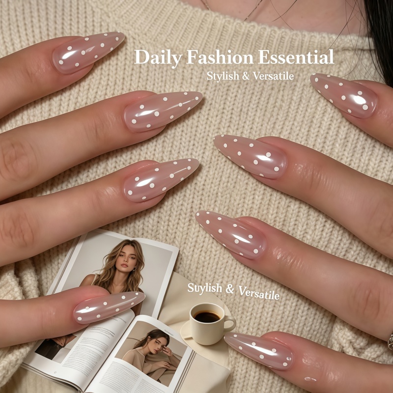 Nail Art Simple Elegant - 24 ชิ้น เล็บปลอมลายจุดสีขาวนู้ดเงา ฐานเจลใส งานแฮนด์เมด ตกแต่งเล็บแบบเรียบง่ายและสง่างาม
