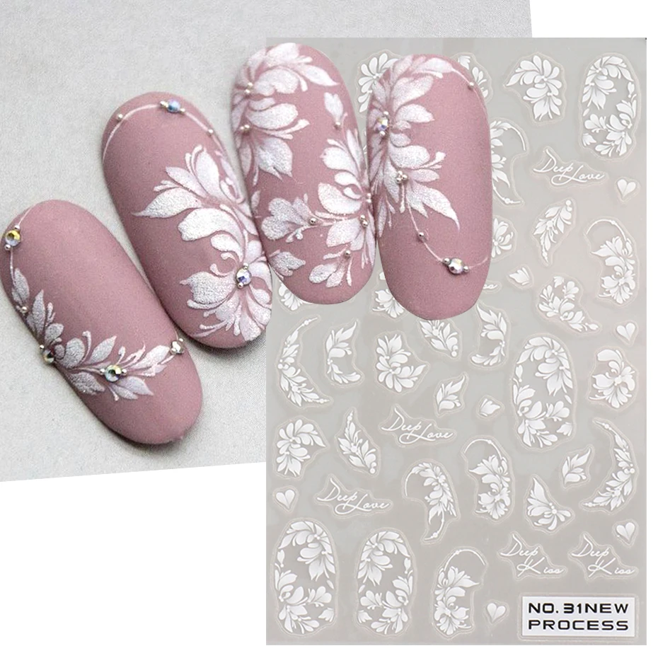 Nail Art Simple Elegant - ลูกไม้สีขาวดอกไม้เล็บสติกเกอร์อะคริลิคดอกไม้ Charm กาว Sliders งานแต่งงานเจ้าสาว Simple